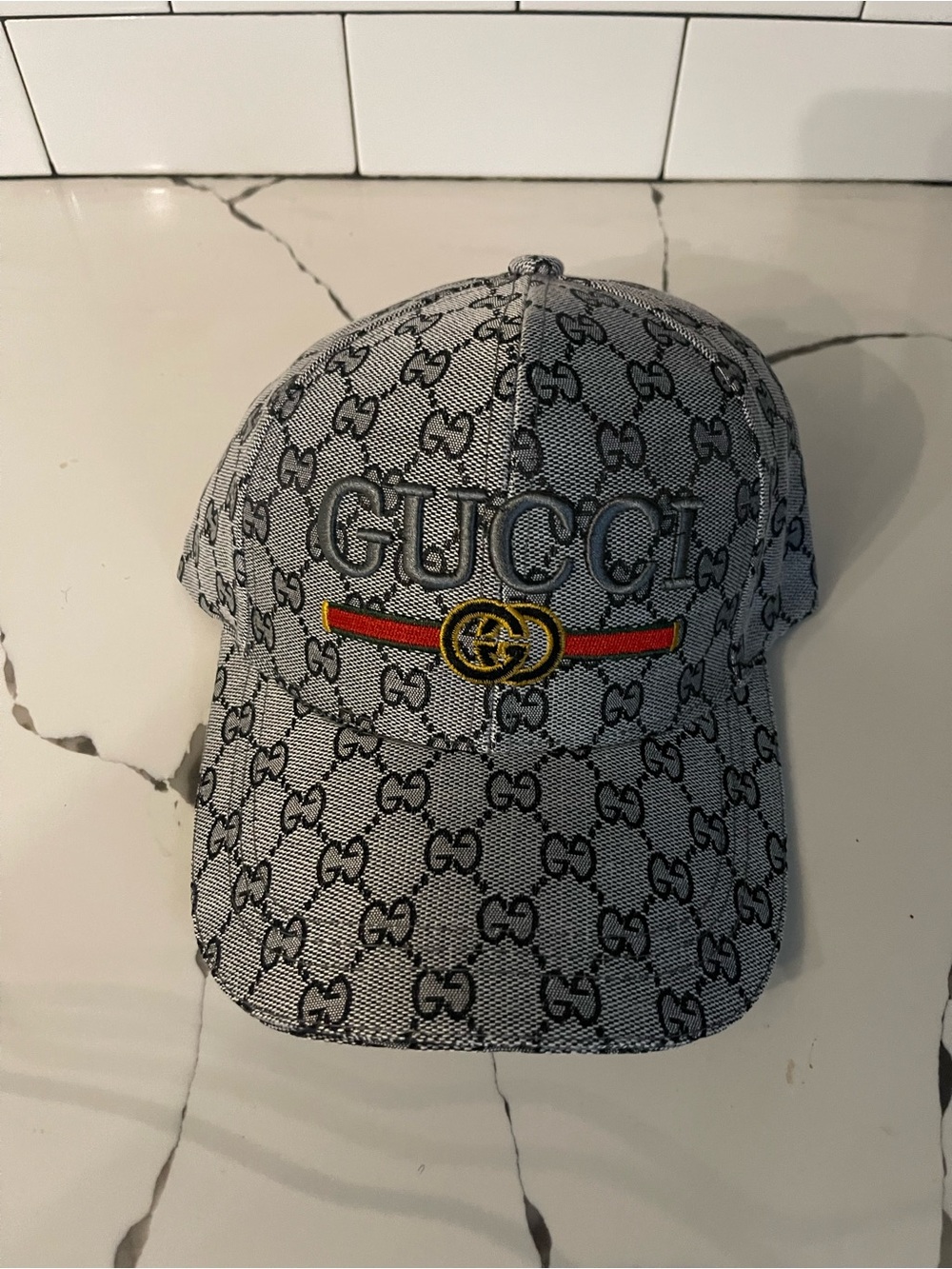 Gucci Gray Monogram Cap with Red, Green & Gold Accent
